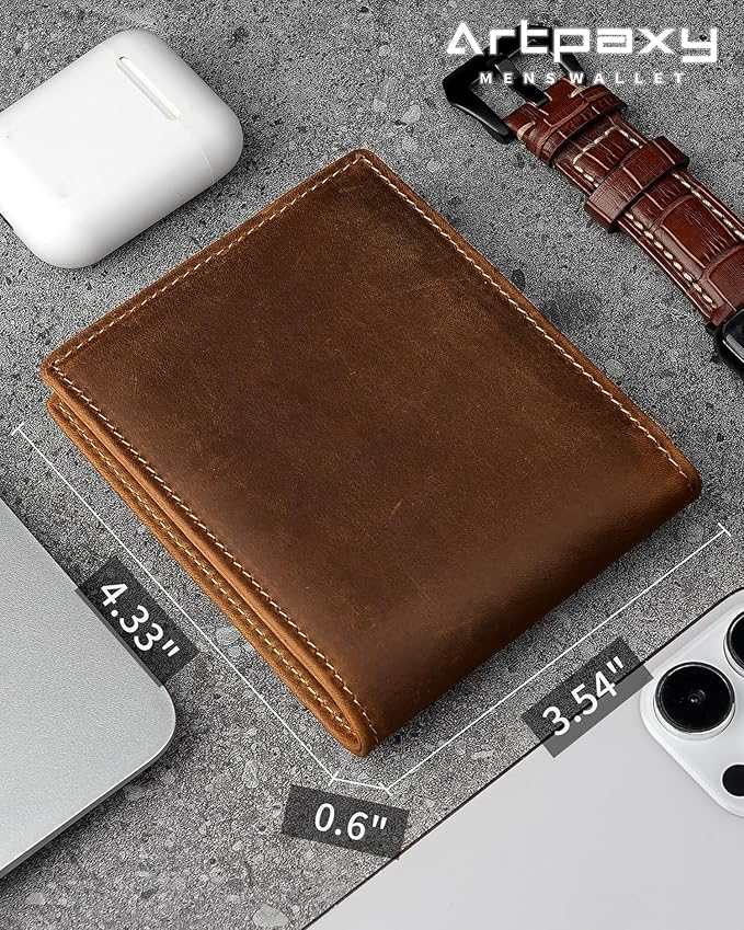 Artpaxy Mens Wallet Bifold Genuine Leather RFID Blocking Wallet for Men with 2 ID Windows 11 Card Holders 2 cash pockets 1 Gift Box