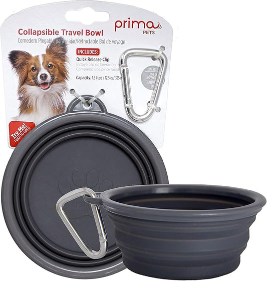 Prima Pet Collapsible Silicone Water Travel Bowl with Clip for Dog and Cat, Portable and Durable Pop-up Feeder for Convenient On-The-go Feeding - Size: Small (1.5 Cups) Grey