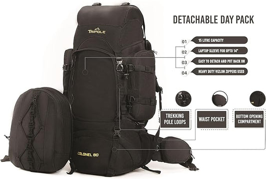 Tripole Colonel 80 Litres Internal Frame Trekking and Hiking Rucksack + Detachable Day Pack, Rain Cover, Black