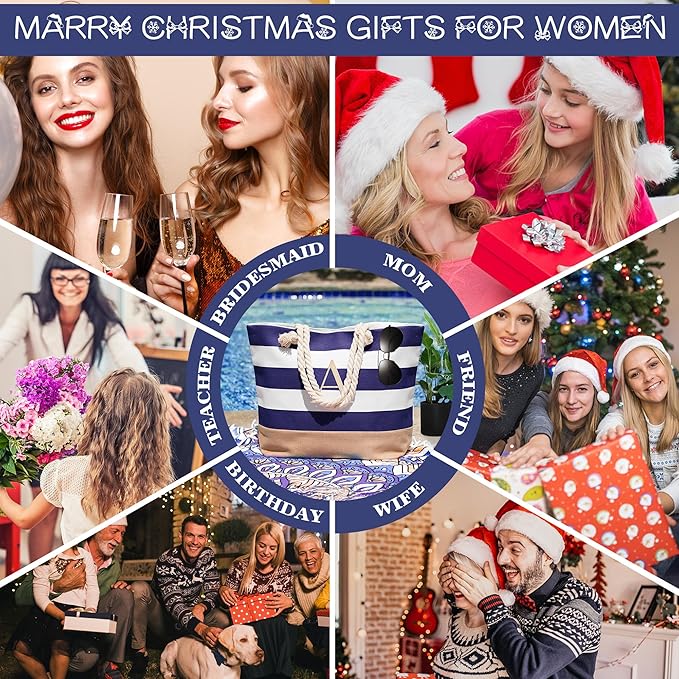 YOOLIFE Initial Canvas Waterproof Beach Tote Bag Zipper Personalized Gifts for Women Her Birthday Travel Beach Essential