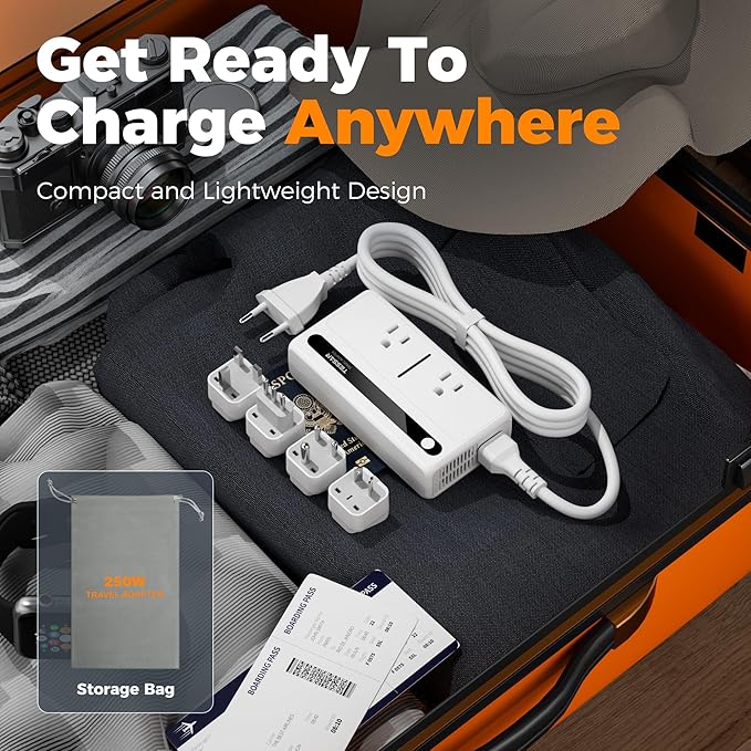 220V to 110V Voltage Converter US to Europe, TESSAN 250W Universal Travel Adapter with 4 USB Ports QC 3.0 PD 36W and EU/UK/AU/IT/India International Power Adaptor, Converter for European Travel