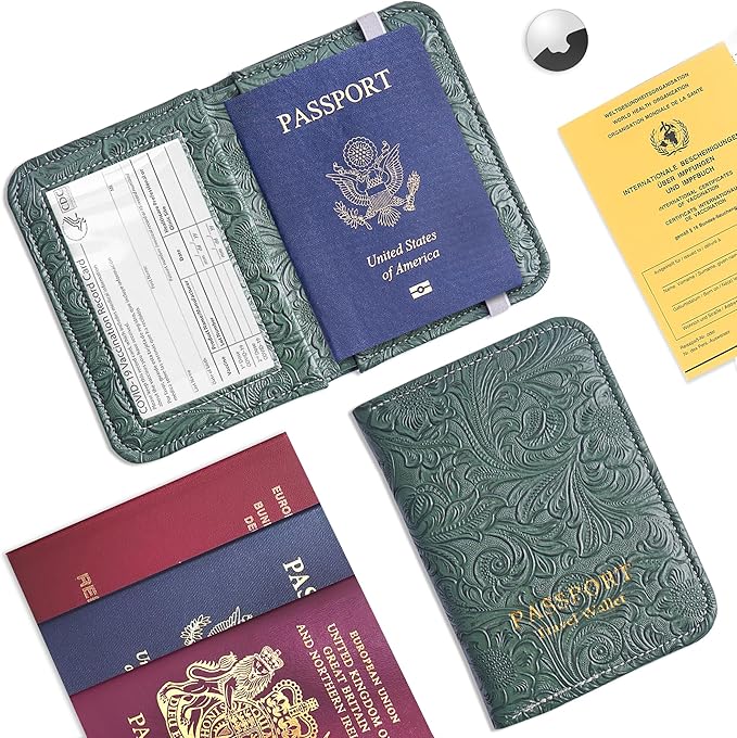 lizimandu Passport Holder with Airtag Slot, Airtag Passport Wallet for Men Women, Slim Leather Passport Holder Case Family for Travel Anti-Lost(1-Carved Grren)