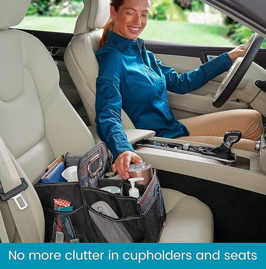 High Road Car Organizer with Cup Holder Dividers - Front Seat Organizer for Drivers or Middle Seat Car Organizer for Kids - Portable Car Caddy with Easy Carry Handle