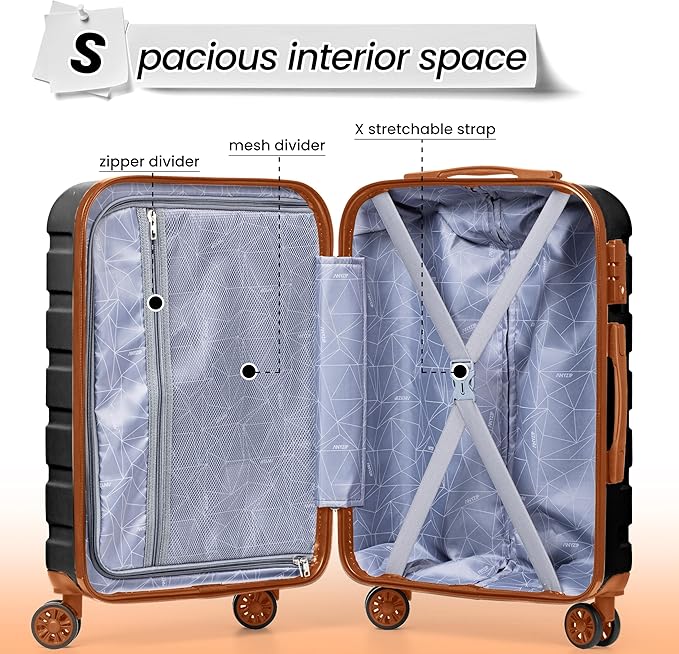 AnyZip Luggage Sets 3 Piece Hardshell Suitcase Set PC ABS Lightweight Travel Suitcases with 4 Double Spinner Wheels TSA Lock 20 24 28 Inch Black Brown