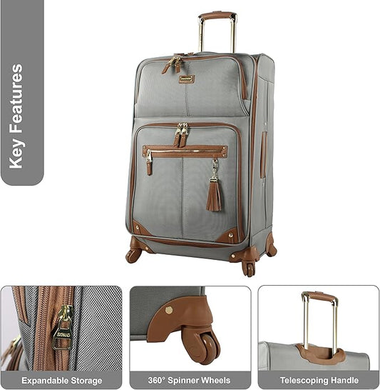 Steve Madden Designer Luggage - Checked Large 28 Inch Softside Suitcase - Expandable for Extra Packing Capacity - Lightweight Bag with Rolling Spinner Wheels (Harlo Gray)