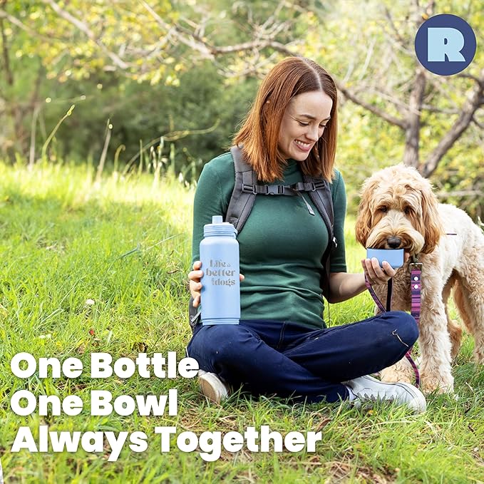 Dog Water Bottle for Dog Lovers - 32 oz Stainless Steel Double Wall Insulated Water Bottle with 8 oz Detachable Bowl on Bottom- Ideal Doggy Lover Gift for Christmas - “Life is Better” - Dusty Blue
