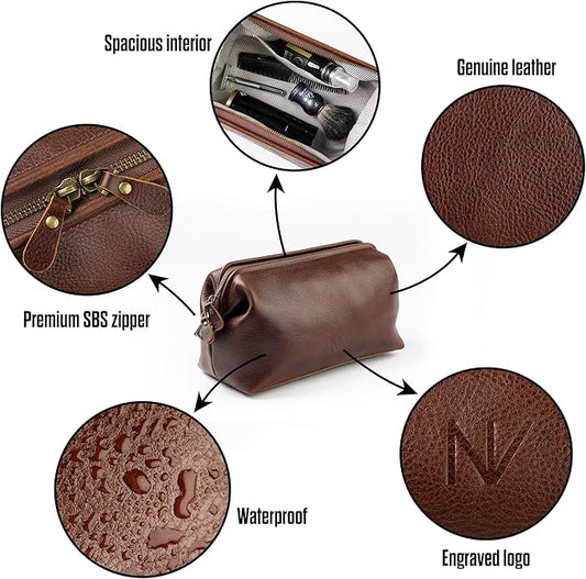 NV Holders Premium Genuine Leather Toiletry Bag for Men - The Ultimate Travel Dopp Kit and Hygiene Organizer, Perfect Men's Toiletry Travel Bag (Brown)