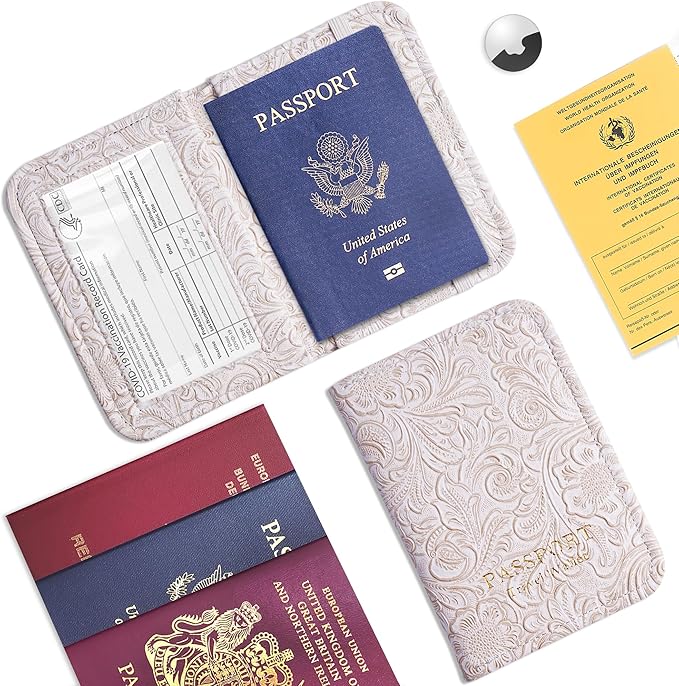 lizimandu Passport Holder with Airtag Slot, Airtag Passport Wallet for Men Women, Slim Leather Passport Holder Case Family for Travel Anti-Lost(1-Carved White)