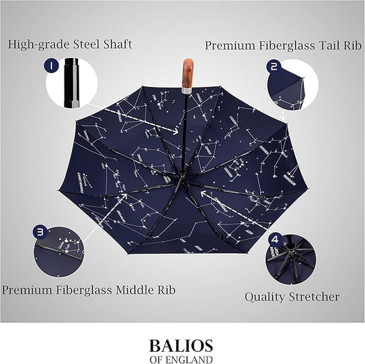 Balios (Designed in UK) Umbrella Handmade Real Wood Handle-Dark Navy with Sophisticated Constellation Interior Pattern-Windproof Fiberglass Auto Open Close Folding-300T Finest Fabric