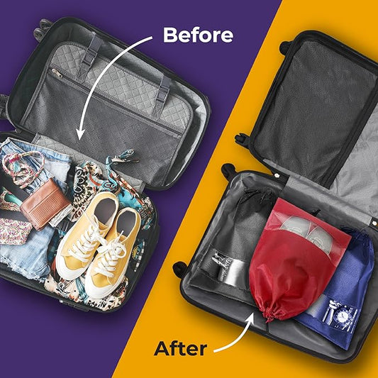 Travel Shoe Bag for Packing in Suitcase, Organizing & Storage (12 Pack) - Reusable Dustproof & Water Resistant Pouch Protectors for Accessories, Laundry & Toys with Clear Window & Drawstrings. (Black)