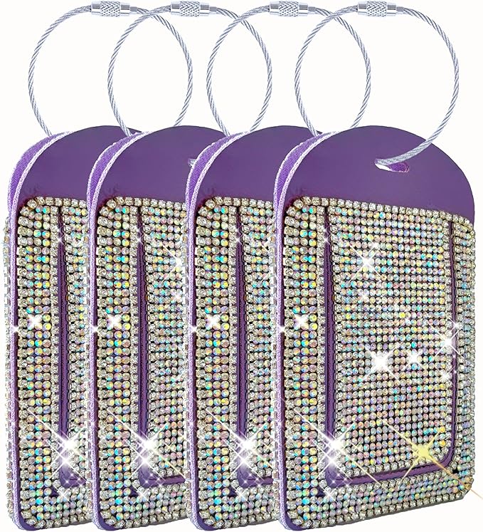 Purple Leather Luggage Tags for Women's Suitcases Cute Bling Diamond Travel Tags for Cruise and Travel Essentials-4 Packs