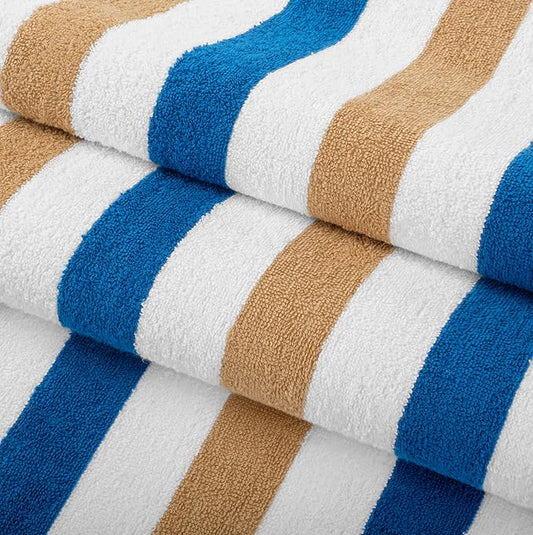 Arkwright Cabo Cabana Stripe Beach Towel Bulk - Case of 24 - Large Soft Quick Dry Cotton Terry Towels for Pool, Swim, and Hot Tub, Oversized 30 x 70 in, Royal Blue/Café Ole