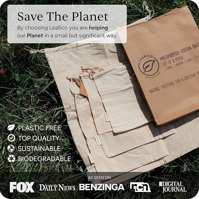 LEAFICO Multipurpose Eco Cloth Bags - Large 10x12 Inch (12 Pack) - Cotton Produce Storage Sacks - Muslin Drawstring Pouches for Vegetables - Bread Bags - Linen Fabric Sachets