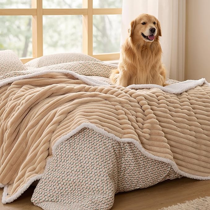Bedsure Waterproof Dog Blankets for Large Dogs - Soft Pet Cat Blanket Corduroy Fleece for Bed Protector Washable, Cozy Calming Reversible Furniture Protection for Puppy,60"x80", Tuscan Beige