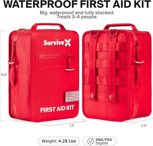 Large Waterproof First Aid Kit for Car, Travel & Home - Emergency Kit for Hiking, Camping, Backpacking and Outdoors - Includes Zip Stitch Wound Closure Strips