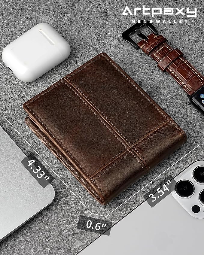 Artpaxy Mens Wallet Bifold Genuine Leather RFID Blocking Wallet for Men with 1 ID Window 13 Card Holders 2 cash pockets 1 Gift Box