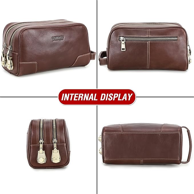 Top Grain Genuine Leather Travel Organizer Clutch Bag, Handmade Retro Vintage Design, 3 Zipper Pockets & Combination Locks, Portable Storage Bag for Phone/Cable/Charger/Cash/Toiletry/Makeup, Red Brown