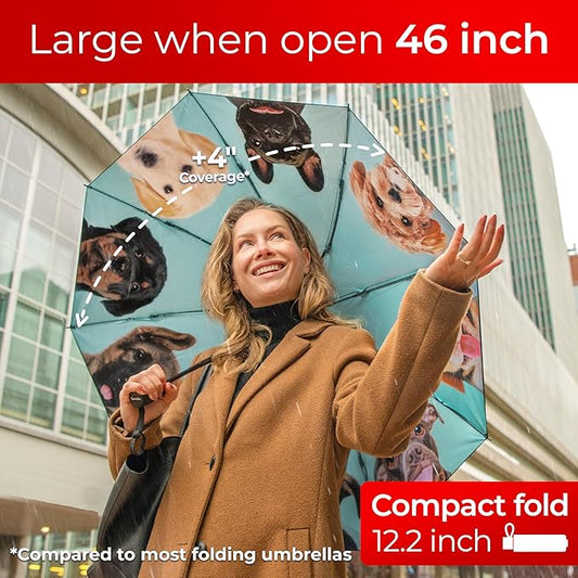 TUMELLA Flip-proof Inverted Travel Umbrella, Small Strong but Light Portable and Automatic Reverse Folding Rain Umbrella, Durable Premium Grip, Fits Car & Backpack