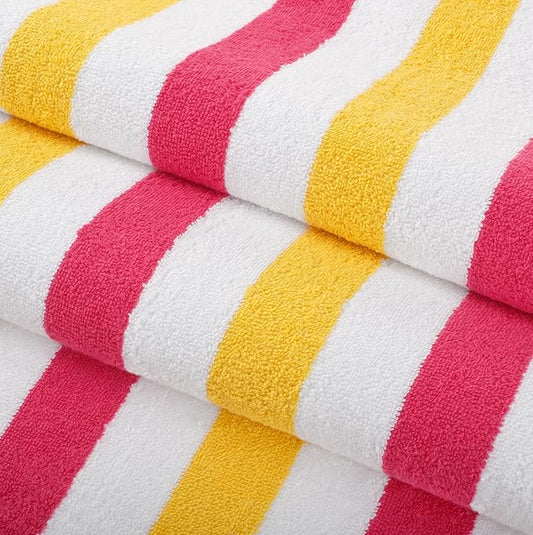 Arkwright Cabo Cabana Stripe Beach Towel Bulk - Case of 24 - Large Soft Quick Dry Cotton Terry Towels for Pool, Swim, and Hot Tub, Oversized 30 x 70 in, Raspberry/Mango