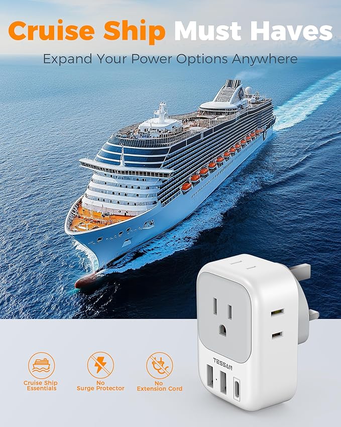 US to UK Plug Adapter 3 Pack, TESSAN Type G Adapter for Travel with 4 Outlets 3 USB Charger(1 USB C), Ireland Power Adaptor for USA to England London Scotland Dubai Singapore Hong Kong Qatar