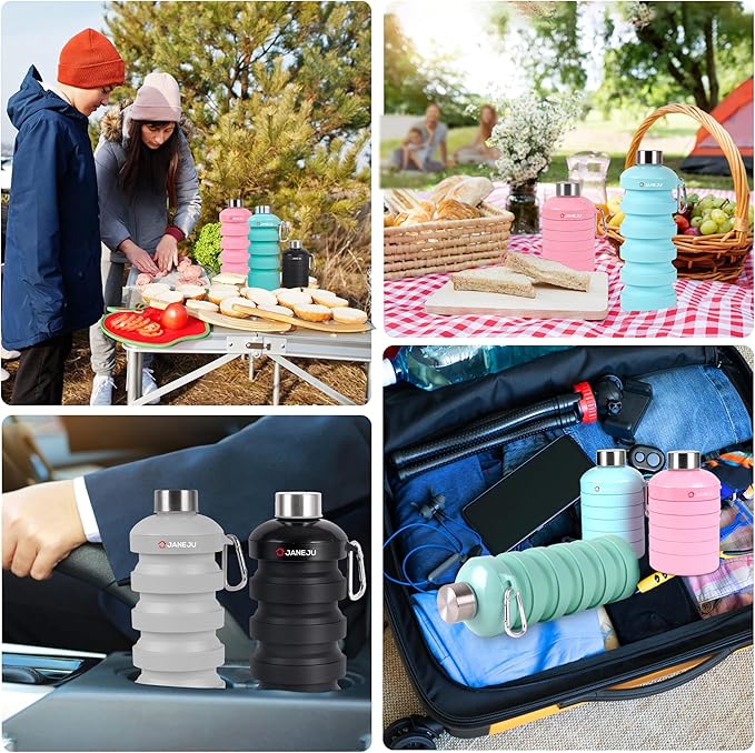 JaneJu Collapsible Water Bottle, 32oz BPA Free Silicone Reusable Portable Lightweight Foldable Water Bottles with Carabiner, Leak Proof Sports Water Bottle with Stainless Twist Cap (Blue)