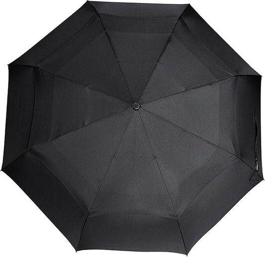 Amazon Basics Round Travel Umbrella for Rain, Wind-proof Compact Umbrella with Wind Vent, Auto Open/Close, Strong Alloy Steel Frame, Compact Size for Backpacks/Handbags (11" Long When Closed), One Size, Black