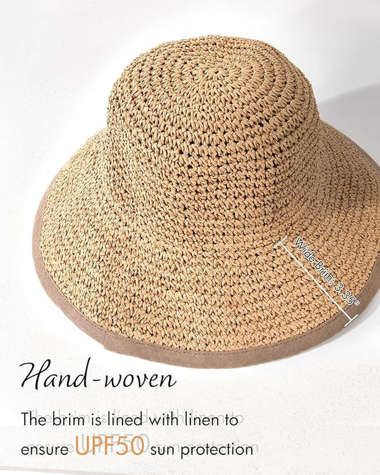 FURTALK Summer Straw Beach Sun Hats for Women UPF 50 Floppy Wide Brim Travel Bucket Hat Foldable Packable