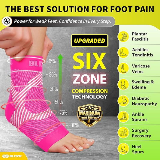 BLITZU Compression Socks for Plantar Fasciitis, Achilles Tendonitis, Arthritis Relief, Ankle Brace Compression Sleeve with Foot Arch Support, Ankle Wrap for Women, Men, Swelling & Heel Pain Pink S-M
