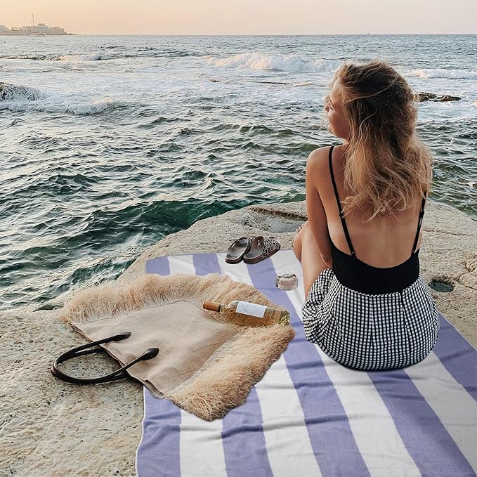 Cotton Oversized Beach Towel - 40 x70 Inch Extra Large Striped Pool Towel, Big Soft Terry Cloth Blue Cabana Swim Towel