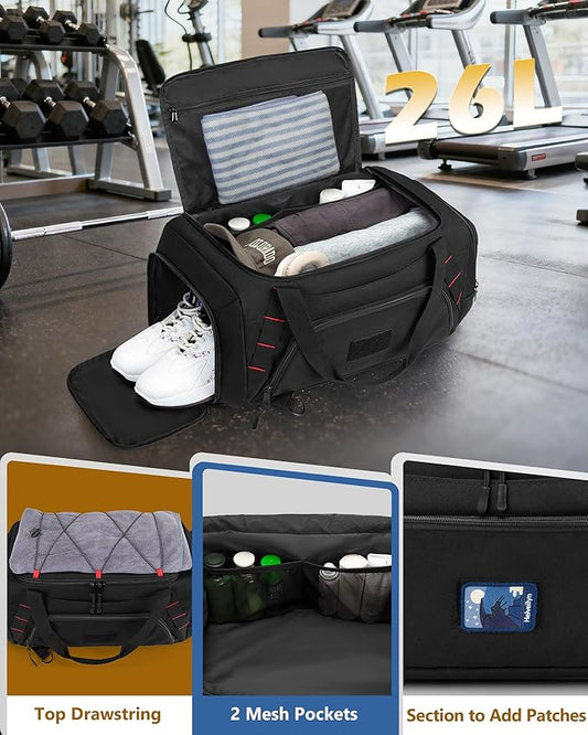 26L Gym Duffle Bag with Backpack Straps, Shoe Compartment and Wet Pocket, Small Duffle Bag for Travel and Sports, Black