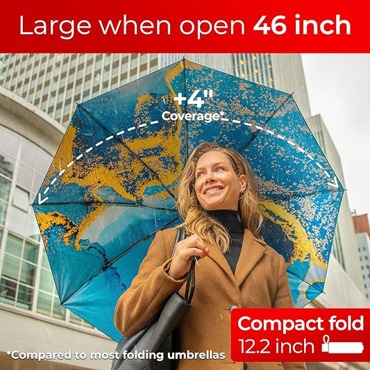 TUMELLA Flip-proof Inverted Travel Umbrella, Small Strong but Light Portable and Automatic Reverse Folding Rain Umbrella, Durable Premium Grip, Fits Car & Backpack