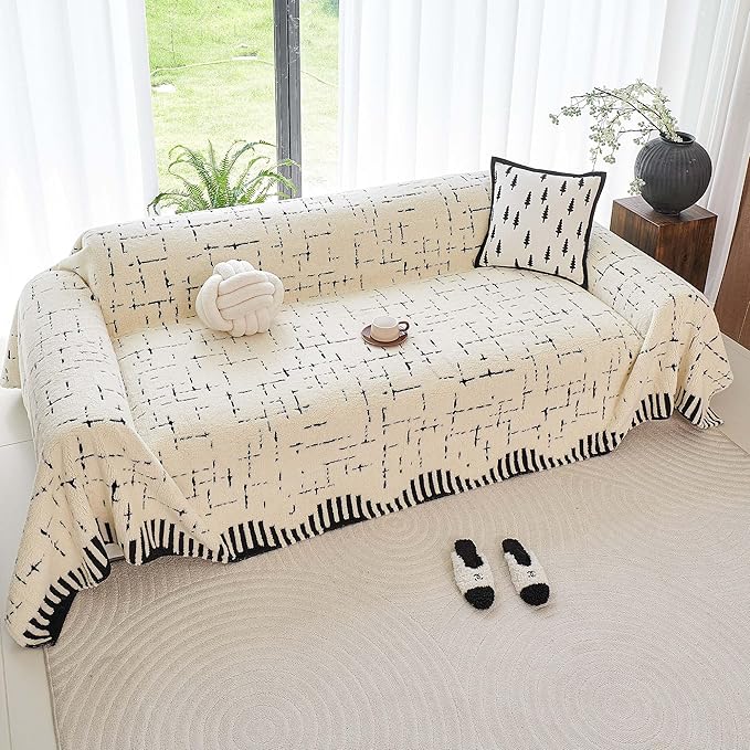 Sherpa Fleece Couch Cover for 3 Cushion Sofa, Beige, 71" x 134" - Pet Proof Sofa Covers Heavy Duty Scratch Resistant Pet Friendly Furniture Cover - Easy Install, Machine Washable