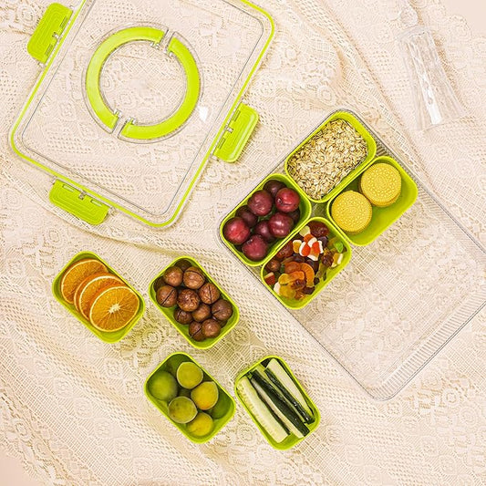 Patent Design Ribbed Snackle Box Container Divided Serving Tray with Lid and Handle -Charcuterie Container Portable Storage Organizer for Candy, Fruit, Beach, Picnics(1 pcs, Green)