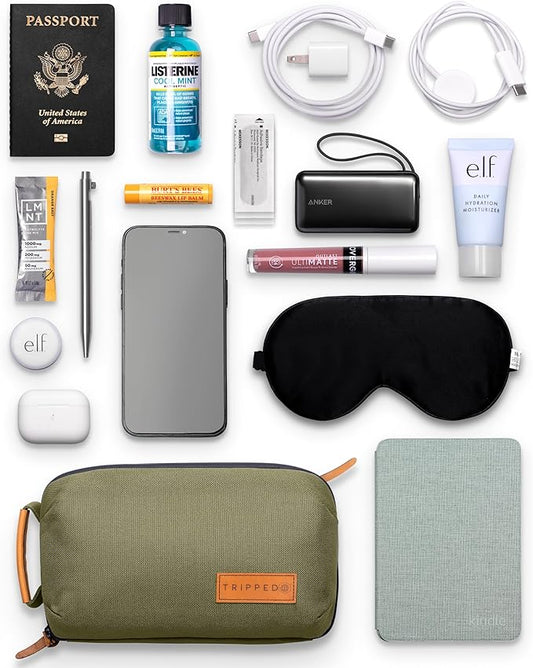 Tech Bag Organizer - Small Electronics Organizer Pouch for Travel - Premium Travel Case with Leather Accents - Mesh Pocket for Cables, Cords and Chargers (Green)