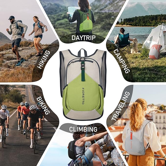 FIORETTO 15L Hiking Backpack for Women Men Mini Packable Backpack Lightweight Small Daypack for Camping Travel Outdoor, Beige and Green