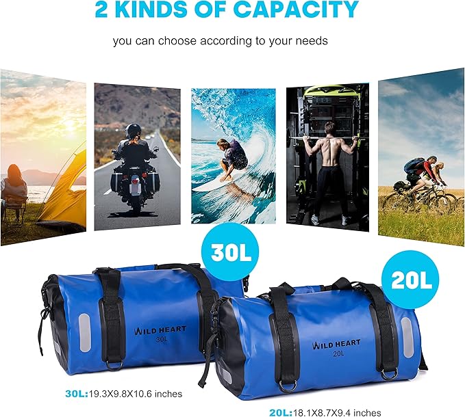 WILD HEART Waterproof Bag Duffel Bag 20L 30L 40L with Welded Seams Shoulder Straps, Mesh Pocket for Kayaking, Camping, Boating,Bicycle,Motorcycle