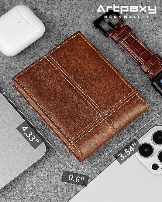 Artpaxy Mens Wallet Bifold Genuine Leather RFID Blocking Wallet for Men with 2 ID Windows 12 Card Holders 2 cash pockets 1 Gift Box