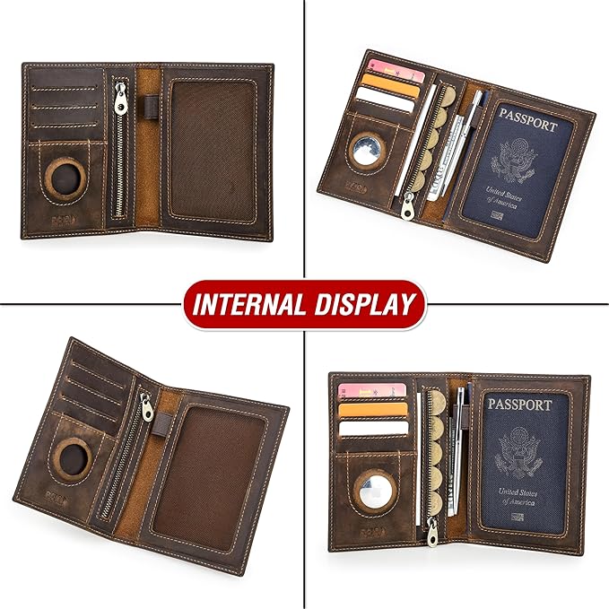 Top Grain Leather Single Travel Passport Wallet Embossing Badge for Unisex, Folio Design for Passport & Multi Cards, RFID Blocking for Passport/Cards/Checks/Bills/AirTag, Coffee Default, IL