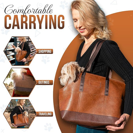 Luxury Dog Purse Carrier - Brown Faux Leather Pet Carrier, Secure Harness Clip, Tote Bag for Small Dogs and Puppies