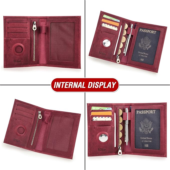 Top Grain Leather Single Travel Passport Wallet Holder for Man & Woman, Folio Design for Passport & Multi Cards, RFID Blocking Large Capacity for Passport/Cards/Checks/Bills/AirTag, Burgundy