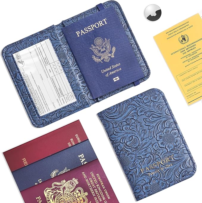 lizimandu Passport Holder with Airtag Slot, Airtag Passport Wallet for Men Women, Slim Leather Passport Holder Case Family for Travel Anti-Lost(1-Carved Blue)