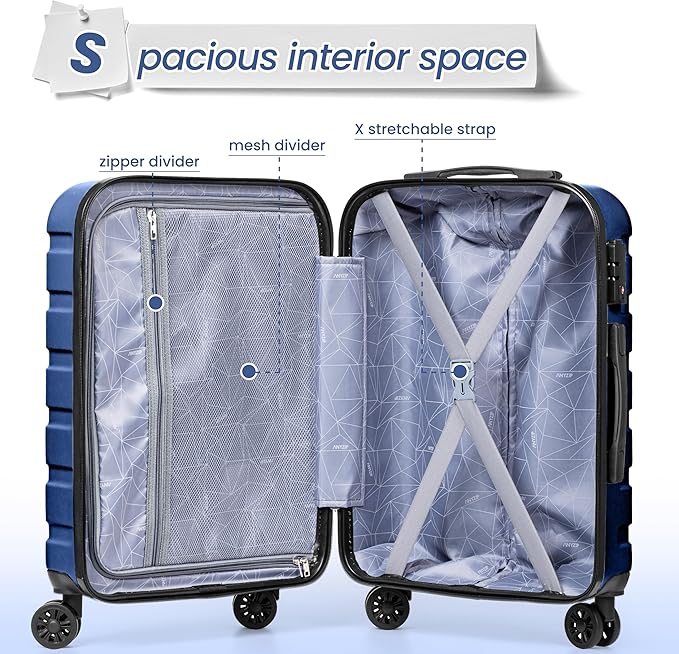 AnyZip Luggage Sets 3 Piece Hardshell Suitcase Set PC ABS Lightweight Travel Suitcases with 4 Double Spinner Wheels TSA Lock 20 24 28 Inch Dark Blue