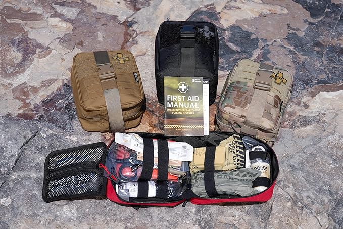 RHINO RESCUE IFAK Trauma Kit with C-A-T Tourniquet for Wound Care, Tactical First Aid Kit Molle Pouch for Military, Combat, Car, Camping, Hiking, Travel (Red)