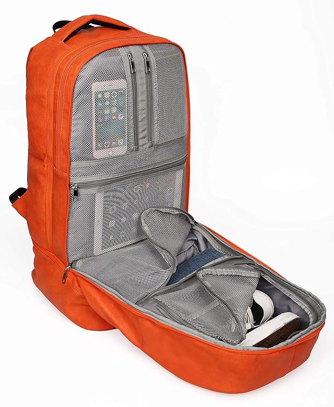 Sole Premise Leather Bag for Multi-functional Travel Carry-on with Shoe, Laptop and Clothes Compartments for Men & Women (Orange)