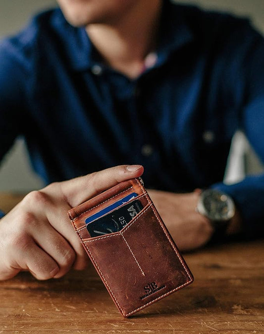 SERMAN BRANDS RFID Blocking Wallet Slim Bifold - Genuine Leather Minimalist Front Pocket Wallets for Men with Money Clip Gift (Canyon Red)