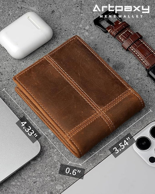 Artpaxy Mens Wallet Bifold Genuine Leather RFID Blocking Wallet for Men with 2 ID Windows 12 Card Holders 2 cash pockets 1 Gift Box