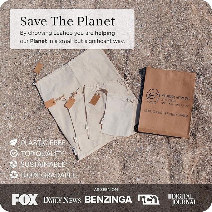 LEAFICO Muslin Cloth Bags with Drawstrings - Set of 8 (S, M, L, XL) - Reusable Natural Cotton Bags for Bulk Food Storage - Canvas Fabric Sachets