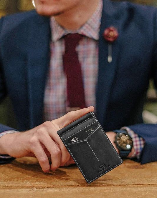 SERMAN BRANDS RFID Blocking Wallet Slim Bifold - Genuine Leather Minimalist Front Pocket Wallets for Men with Money Clip Gift (Charcoal Black)