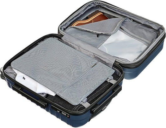 Amazon Basics 21-inch Carry On Luggage, Suitcase With Wheels (8 Spinner Wheels), TSA Lock, Expandable Capacity, Interior Divider and Pocket For Dry and Damp Clothes, Navy Blue