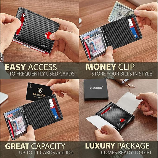 RUNBOX Slim Wallet for Men Genuine Leather RFID Blocking Bifold Minimalist Front Pocket Mens Wallet with Money Clip Thin Gift Box